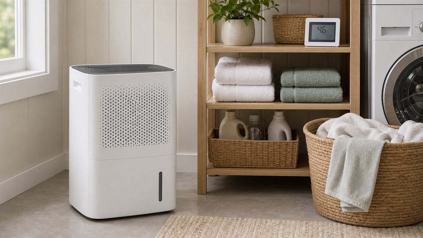 A compact dehumidifier in a clean basement laundry room