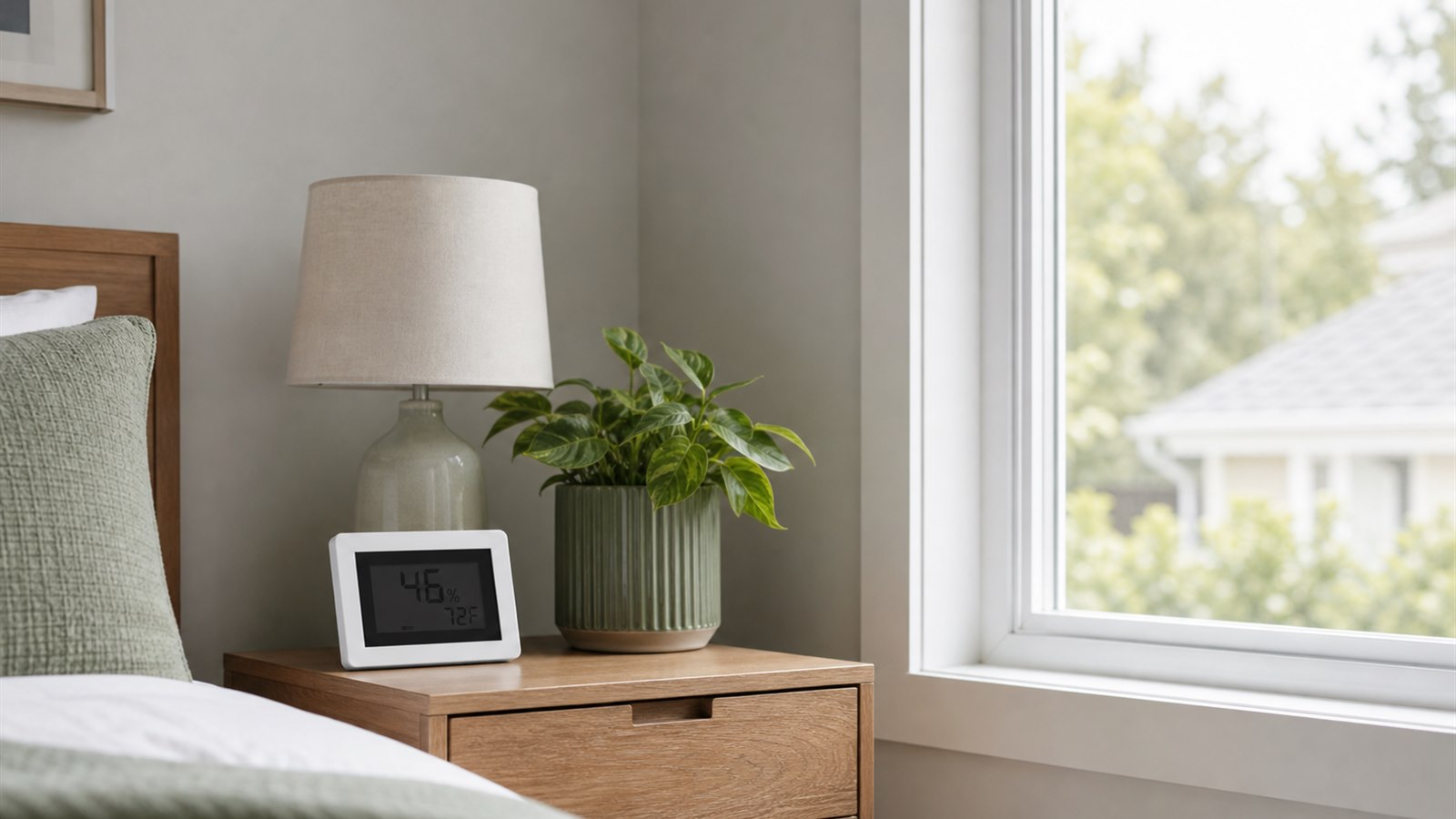Digital hygrometer on a small table near a bright bedroom window