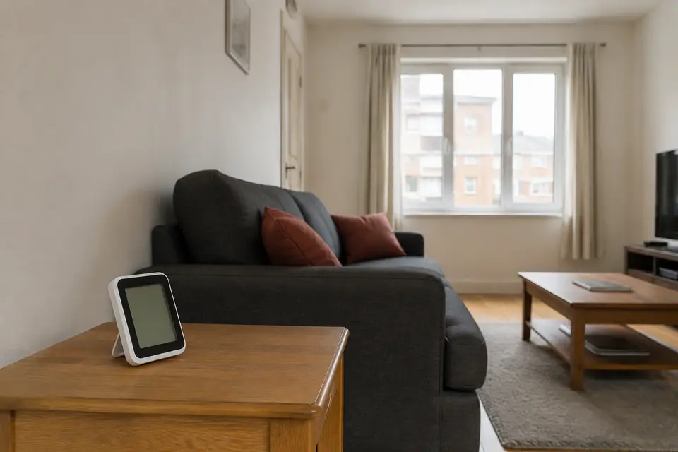 Illustrated placement of a hygrometer on an open side table, with the window across the room