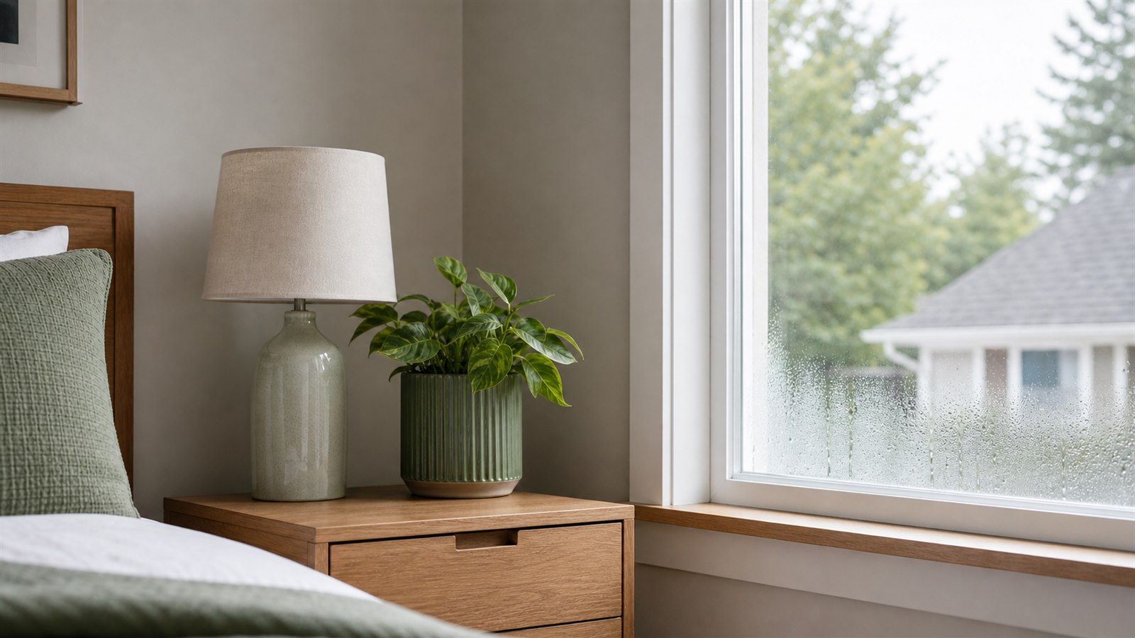 Indoor window with light condensation and a nearby humidity meter