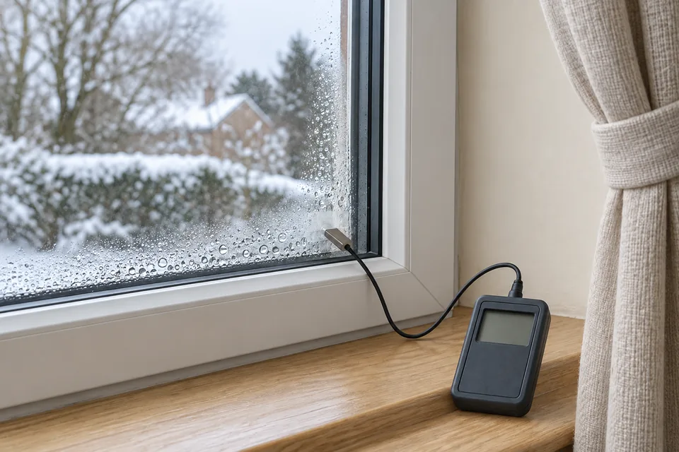 AI-generated photo-style scene of a separate surface probe at the inside edge of a wet window; no reading is shown