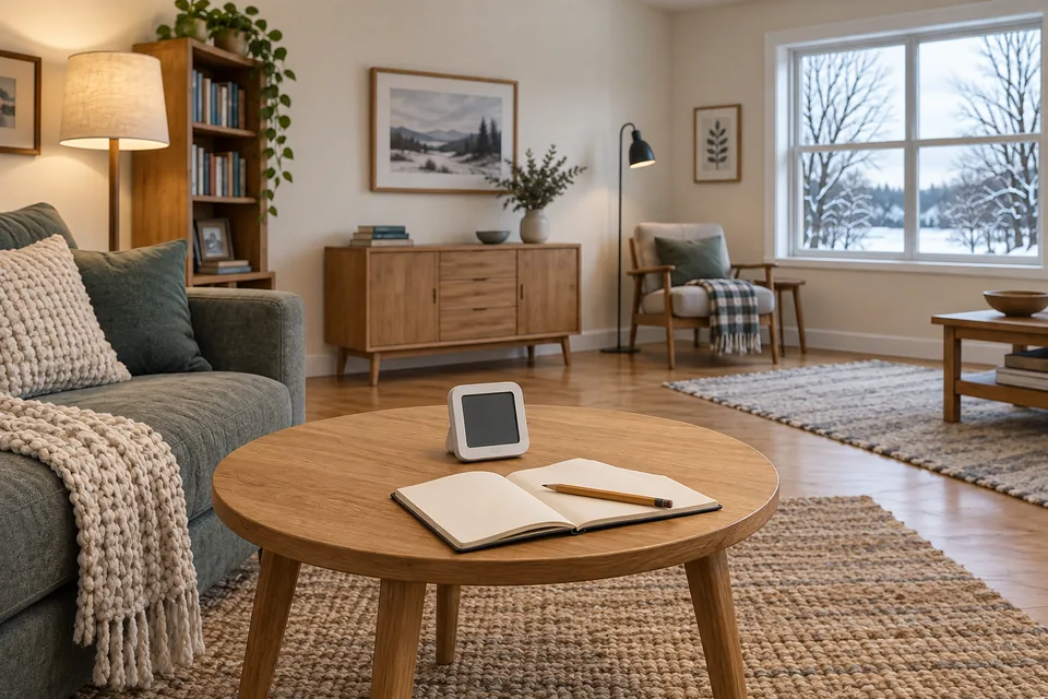 AI-generated photo-style scene of a room humidity meter and notebook on a table away from a dry winter window